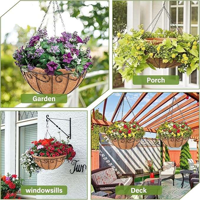 Legigo 3 Pack 12 Inch Metal Hanging Baskets for Plants Outdoor- Round Wire Hanging Planters Basket with Coconut Coir Liner, Hanging Flower Pot for Outdoor Plants Flowers Garden Decorations