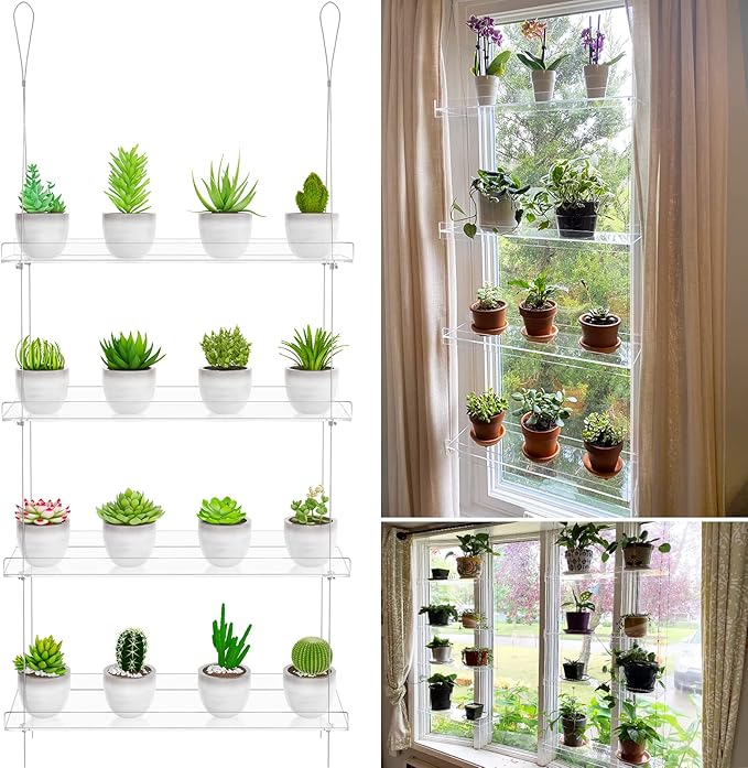 OtNiap Clear Hanging Window Plant Shelves,2-Pack 4-Tier,Indoor Windows Wall Hanging Plant Stand Flower Display,Flower Pot Organizer Storage for Window Grow Herbs,Microgreens,Succulents,Flowe4,16-Inch