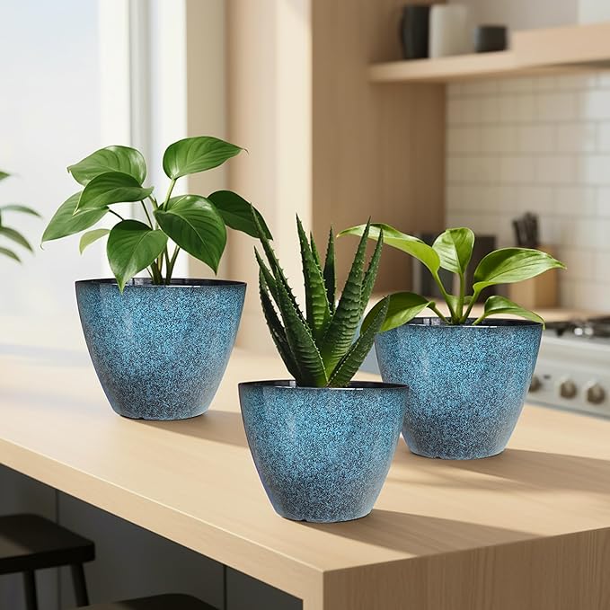 Vanslogreen Plant Pots Set of 2, 8 inch Plastic Planters with Drainage Holes, Modern Glaze Flower Plant Pot for Indoor Outdoor Herb Snake Succulent Plants