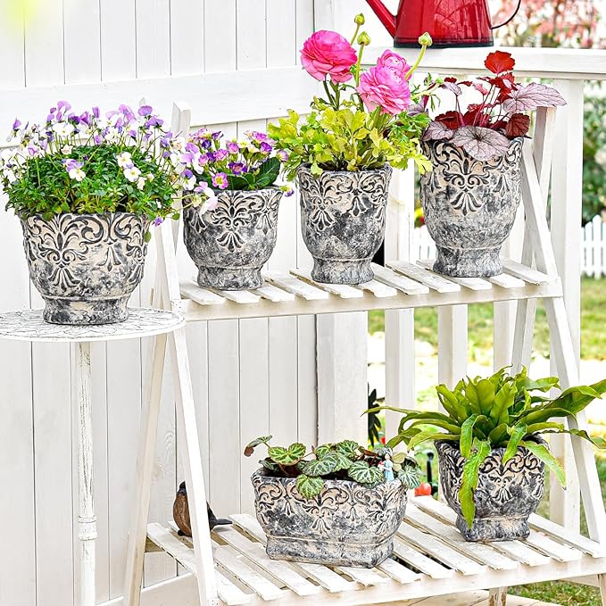 Sungmor 9.2 Inch Cement Plant Pot for Plants, Succulent Planter with Embossed Design, Vintage Concrete Flowerpots with Drainage Hole, Decorative Orchid Houseplant Pot Indoor Outdoor Plant Container
