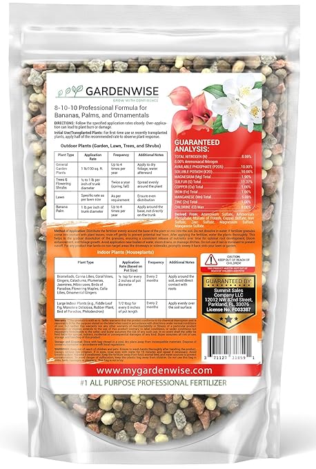 GARDENWISE Elite 8-10-10 Professional Fertilizer for Banana, Flowering, and Fruit Trees, Ornamentals - Boosts Flowering & Fruiting - for Indoor & Outdoor Plants (4 QUARTS)