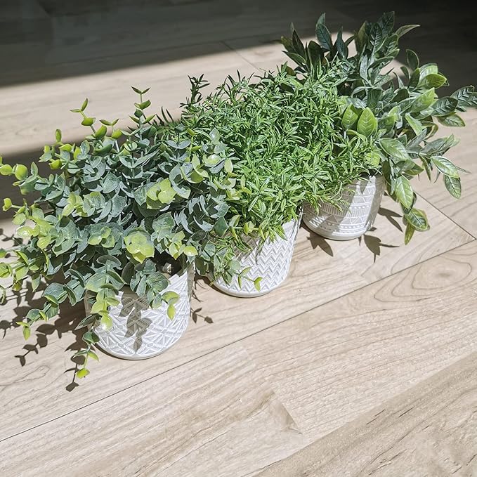 Set of 3 Assorted Small Potted Plants Fake Eucalyptus and Rosemary Plants in Gray Geometric Concrete Ceramic Pots for Gifts Home Kitchen Office Shelf Table Desk Modern Indoor Outdoor Greenery Decor