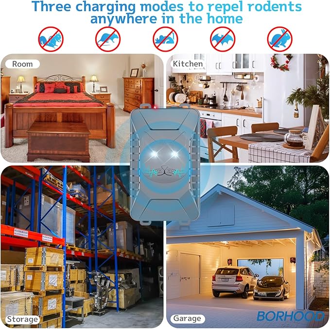 BORHOOD Ultrasonic Rodent Repellent, 1 Pack Plug-in Mouse Rat Pest Bat Squirrels Repellent for Car with Battery Powered Under Hood, Keep Mice Out of Cars Engines, Indoor, Garage, Storage Room-Gray