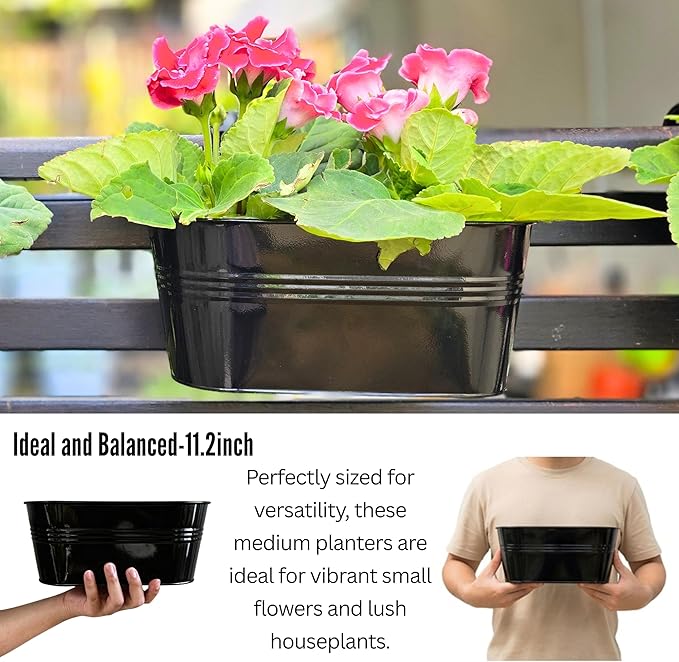 LaLaGreen Outdoor Plants Rail Planter (11.2 Inch, 3 Pack) Black Metal Iron Hanging Flower Pots Deck Railings Fence Buckets Modern Boho Style Wall Mount Window Box Plant Holder Hooks Porch Home Decor