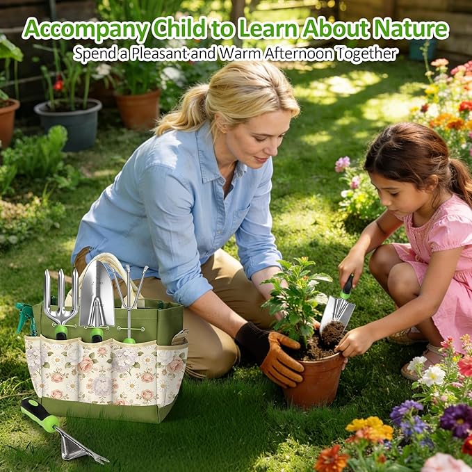 Gardening Tools Set,OPPSIUE 9 Pcs Stainless Steel Gardening Hand Tool Kit with Rubber Non-Slip Handle,with Shoulder Crossbody/Tote Bag,Ideal Gifts for Women and Men