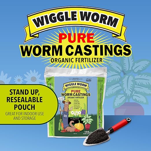 Wiggle Worm 100% Pure Organic Mineral-Dense Worm Castings Fertilizer in Resealable Zipper Pouch, 4.5lbs, 2 Pack - Improves Soil Fertility and Aeration for Growing Better Houseplants, Veggies, and More