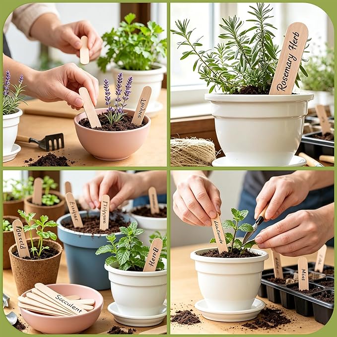 Whaline 200Pcs Wooden Plant Labels Waterproof Round Head Plant Sign Tags Birch Wood Garden Markers for Seed Potted Herbs Flowers Vegetables with 2 Gel Pen, 0.7 x 5.9 Inch