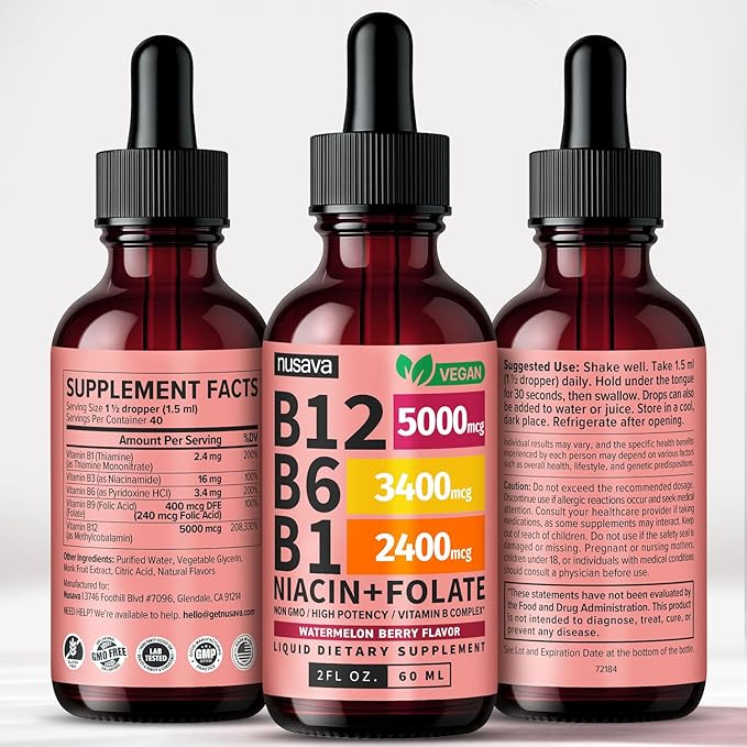 (2 Pack) Vitamin B12 and B6 Liquid Drops, B12 Sublingual Vitamin B Complex - B 12 Vitamin 5000mcg - B12 Methylcobalamin for Energy, Brain, Heart Support with 27,200 mcg, Watermelon Berry, 80 Servings
