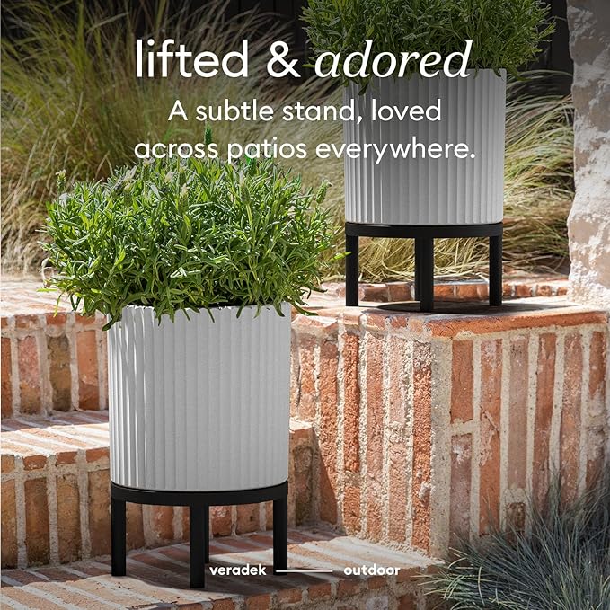 Veradek Demi Series Round Planter w/ Stand for Porch/Patio | Durable Plastic-Concrete & Wooden Stand | Modern Décor for Tall Plants, Flowers