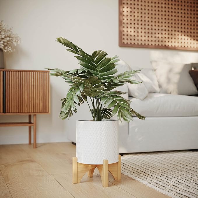 EverNest Claire Boho Modern White Planter with Arch Wood Stand, Indoor Mid-Century Plant Pot, SelectBase, Minimalist Planter Stand Home Décor (Medium, 2 Gallon)