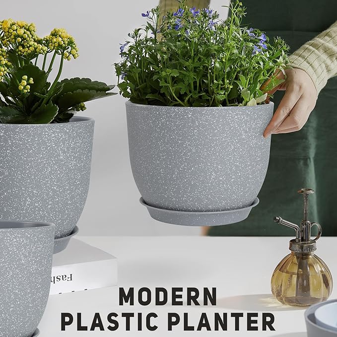 YNNICO Plant Pots 10/9/8/7.5/7 inch Flower Pots with Multi Mesh Drainage Holes, Planters for Indoor Outdoor Garden Plants and Flowers. (Gray)