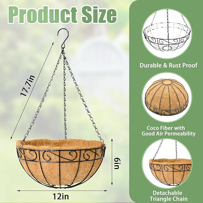 2 Pack 12 Inch Hanging Baskets for Plants Outdoor Metal Hanging Planters Round Hanging Flower Pots with Coco Coir Liner Plant Holder for Outdoor Patio Garden Balcony Decor - Flower Border