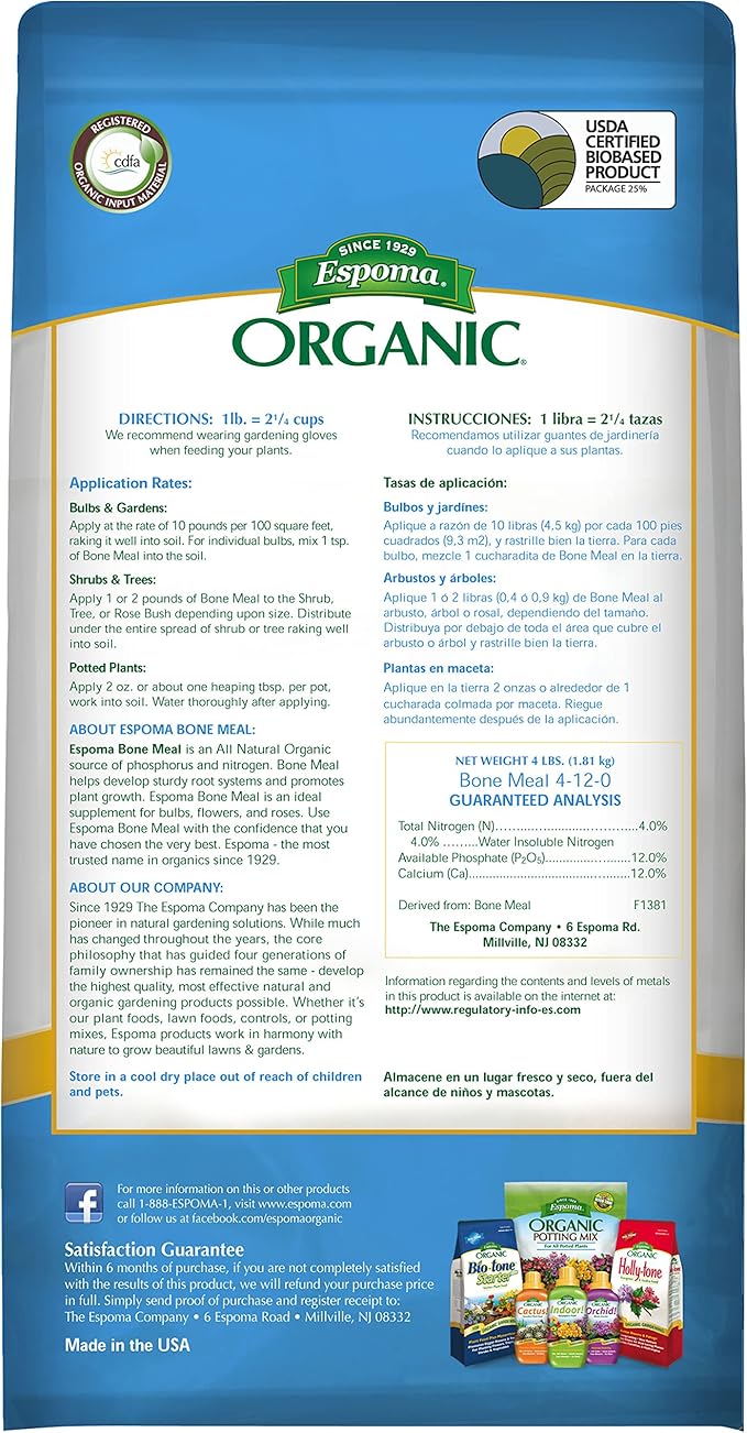 Espoma Organic Bone Meal Fertilizer 4-12-0. All-Natural Plant Food Source of Nitrogen and Phosphorus For Organic Gardening. For Bulbs & Other Flowering Plants. 4 lb. bag. Pack of 2.