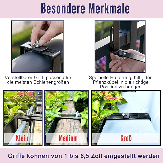 LaLaGreen Railing Planter Box (20 Inch, 4 Pack) Black Rectangular Window Flower Boxes with Bracket, Self Watering System Hanging Planter Box for Outdoor Plant Pots Container Deck Rail Fence Balcony