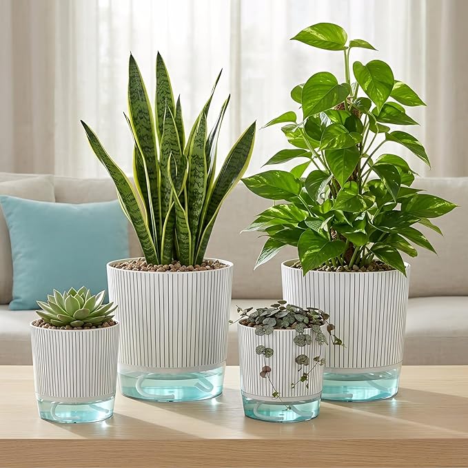 4 Pack Self Watering Pots Set, 4+5.5 Inch Self Watering Pots for Indoor Plants, Planter Pot with Wick Rope and Reservoir for African Violet, Spider Plant, Orchid