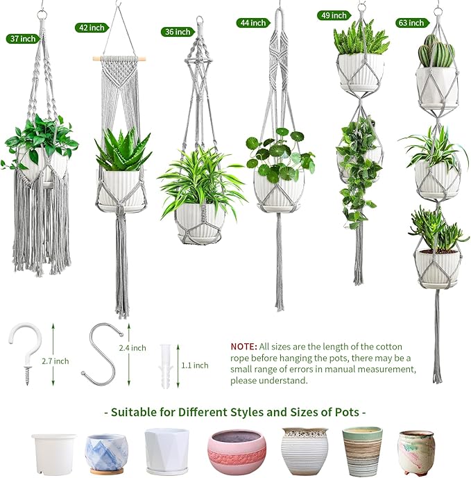 SFENNGPET Macrame Plant Hangers, 6Pack Hanging Planters for Indoor Plants w/ 6 Set Hangers Kit Handmade Macromay Plant Hangers Indoor Flower Pots Holder Stand for Boho Home Décor (POTS NOT Included)