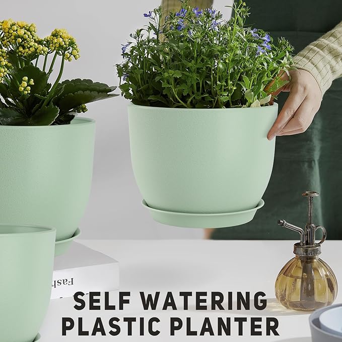 YNNICO Plant Pots 10/9/8/7.5/7 inch Flower Pots with Multi Mesh Drainage Holes, Planters for Indoor Outdoor Garden Plants and Flowers. (Green)