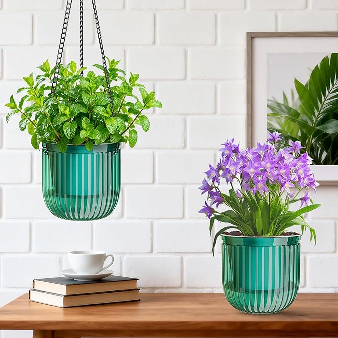 Halatool 8.3 Inch Hanging Pots for Plants Indoor- 2 Pack Self-Watering Hanging Planters Flower Pots, Plant Hanger with Hooks Drainage Holes for Garden Home (Green)