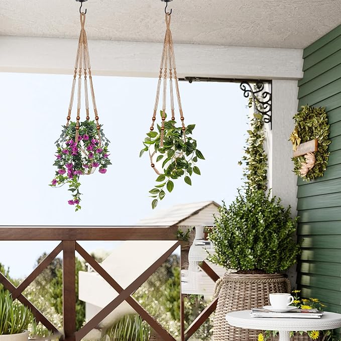 LEWESU Jute Macrame Plant Hanger Indoor Set of 2 Hanging Planter Basket Flower Pot Holder with Decorative Wood Beads & No Tassels for Indoor Outdoor Boho Home Decor, 35 Inch Brown (Pots Not Included)