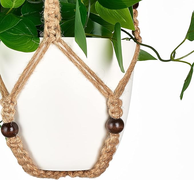 Mkono Fake Hanging Plant with Pot, Artificial Plants for Home Spring Decor Indoor Macrame Plant Hanger with Faux Vine Hanging Planter Greenery for Bedroom Bathroom Kitchen Office, Brown (Pothos)