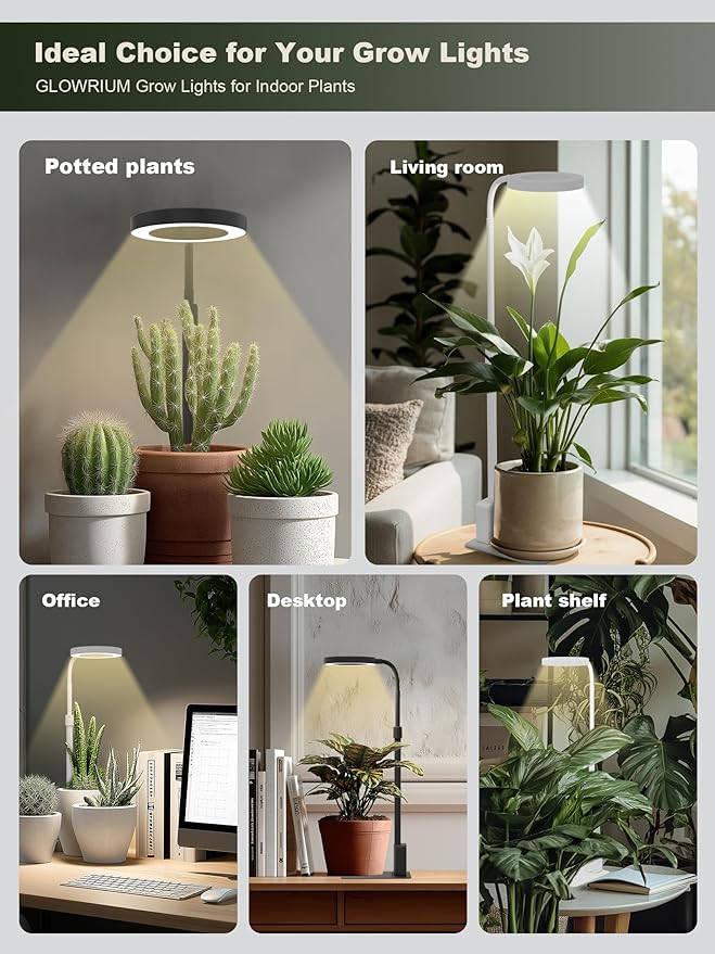 GLOWRIUM Smart LED Grow Lights for Indoor Plants G4, 12W Full Spectrum 3500K with Grow lamp, Bluetooth App Control, 10-Level Dimming, Gooseneck, Height Adjustable 16"-23", Auto Timer, (Black 12W)