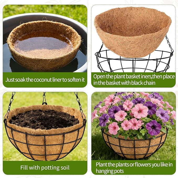 14 Inch Hanging Baskets for Plants Outdoor, 4 Pack Large Hanging Planters for Indoor Outdoor Plants, Round Metal Wire Hanging Flower Pots with Coconut Coir Liners for Garden, Deck, Porch, Balcony