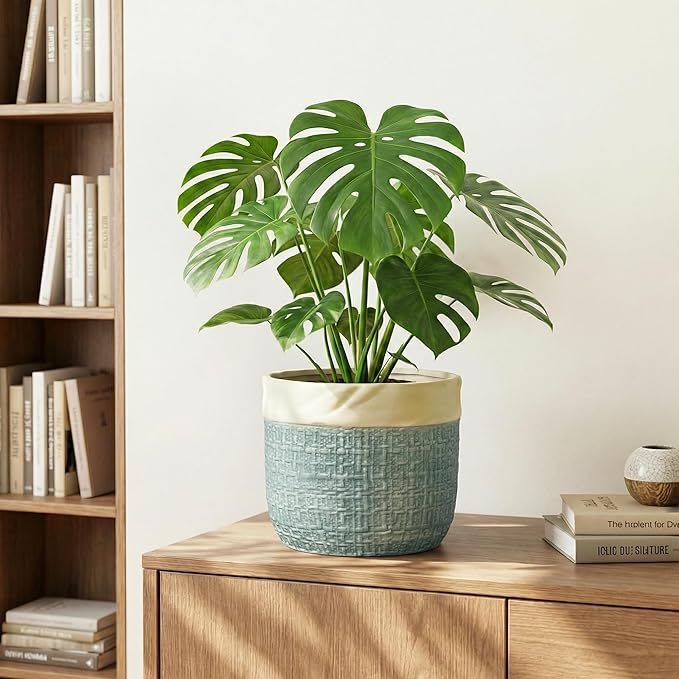 Ceramic Planter - 8 Inch Plant Pot for Indoor Outdoor Plants, Boho Planters with Drainage Hole and Plug, Round Decorative Flower Pots, Garden Home Office Decor, Plant Lover Gifts, Blue