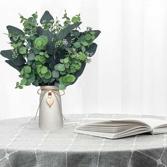 Artificial Silver Dollar Eucalyptus Stems in Vase, Rustic Farmhouse Greenery, Faux Eucalyptus Picks with Baby Eucalyptus & Wooden Heart for Home Décor, Weddings, Bouquets, and Table Centerpieces
