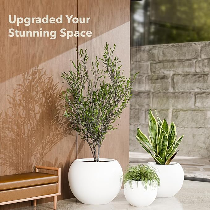 KUTE NEST 9.7" H x 12" D Premium Globo Fiberstone Round Planter with Drainage Hole, Smooth Finishes, Weather Resistant for Indoor and Outdoor Use, Included 2 Extra Coco Mats (White, 7.8" Pot Opening)