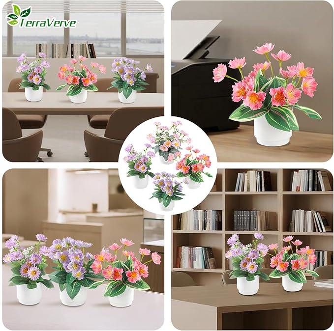 2-Piece Artificial Mums Set & Silk Flowers| Fake Flowers Indoor Planters for Living Room, Bedroom, Bathroom & Office Decor | Boho Style Artificial Plants & Flowers Decor