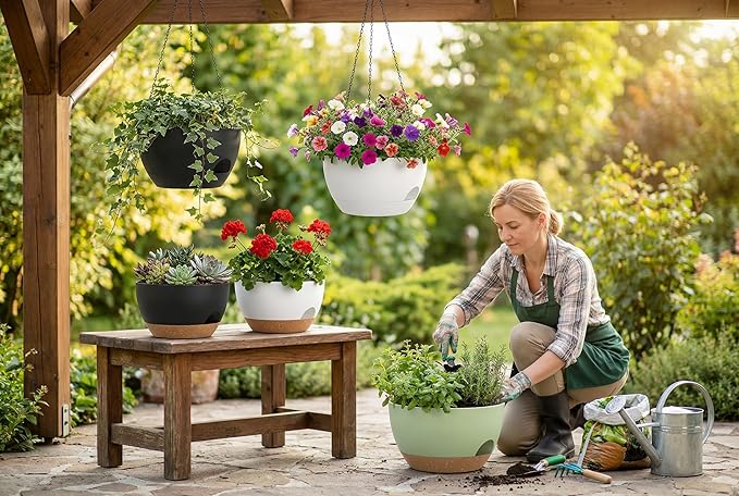 Hanging Planters 3-Pack, 8 Inch Self-Watering Hanging Pots with Drainage Hole and Chains, Plastic Planters for Indoor Outdoor(White Brown)