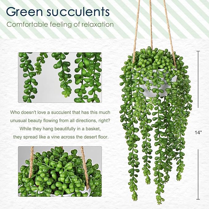 plants Fake Hanging with Pot, 14'' Faux String of Pearls Succulent Greenery Artificial Hanging for Indoor Home Office Farmhouse Bathroom Wall Shelf Decor - Green