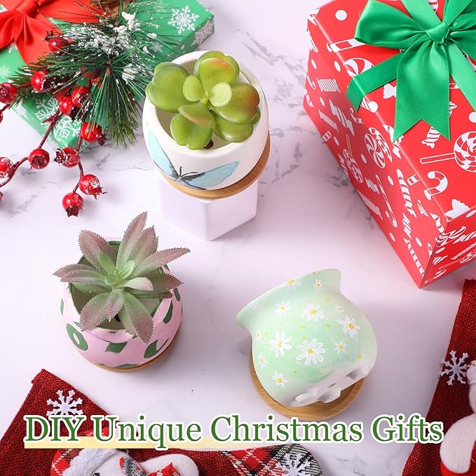 Remerry 12 Pcs 3.5 Inch Mini Succulent Pots with Bamboo Tray White Ceramic Pots Color Your Own DIY Small Planters Containers for Flower Cactus with Drainage Hole for Plant Lover