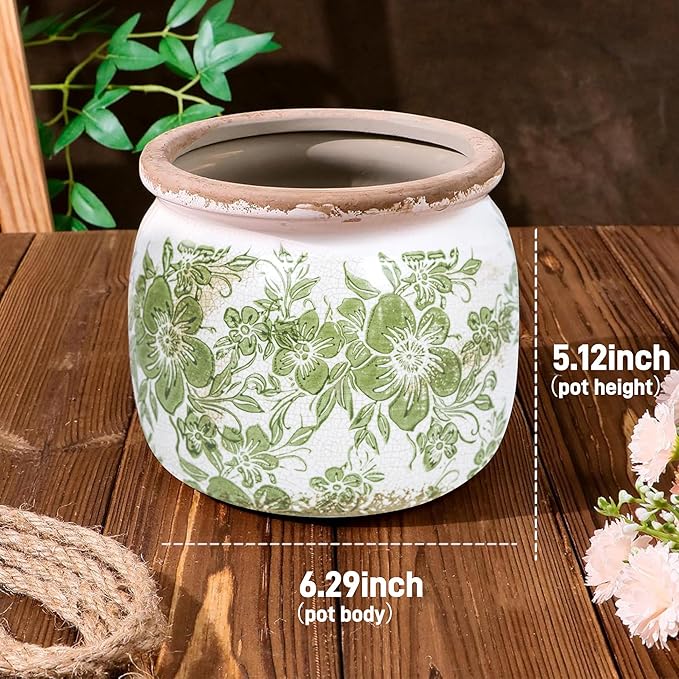 Dosayes Flower Pot,Vintage Ceramic Pot for Planter with Drainage Holes, 6.29 inch Ice Crack Glazed Indoor Planters Pot for Indoor,Tucan Home Decor,Gardening Gifts,Green (Traditional)