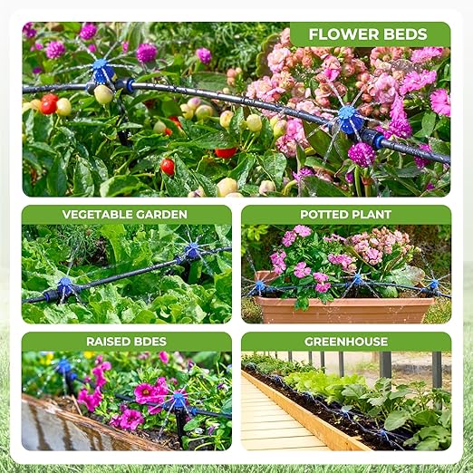 HIRALIY 100FT Garden Watering System, Automatic Drip Irrigation Kit with Adjustable Flow Nozzles, 5-Way Connector, Plastic Material, Modern Style, Ideal for Lawn, Patio, Garden, Raised Bed