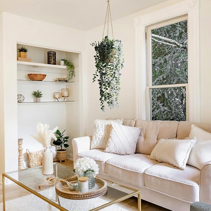 Artificial Hanging Plants in Woven Basket for Wall Decor, Indoor Greenery Full Fake Eucalyptus Leaves, Farmhouse Boho Rustic Home Decoration 1PCS