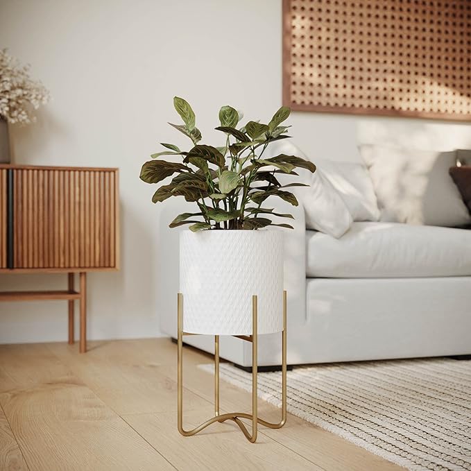EverNest Claire Mid-Century Modern White Plant Pot with Ambrose Stand, SelectBase, Indoor Plant Pot, Bohemian Style, Minimalist Plant Home Décor (Large, Gold)