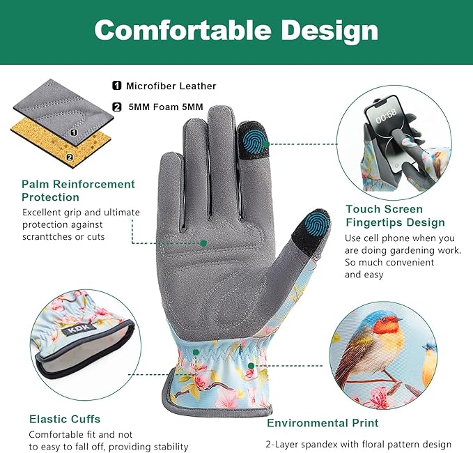 KDK Gardening Gloves for Women, Flexible Breathable Garden Gloves, Leather Working Gloves for Weeding, Digging and Pruning (M-Birds)