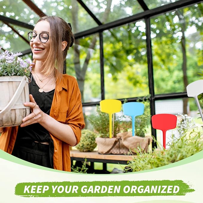 Colingmill 50 Pcs 14.2 Inch Plastic Plant Labels Tags T Type Plant Markers with Pen for Outdoor Indoor Garden Pot Herbs Flowers Vegetable(Multicolor)