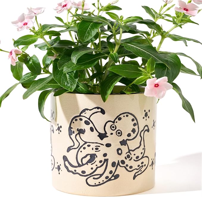STHIE 5 Inch Ceramic Plant Pots with Drainage Holes, Small Round Flower Pots for Indoor Plant, Unique Animal Flower Planters (Octopus)