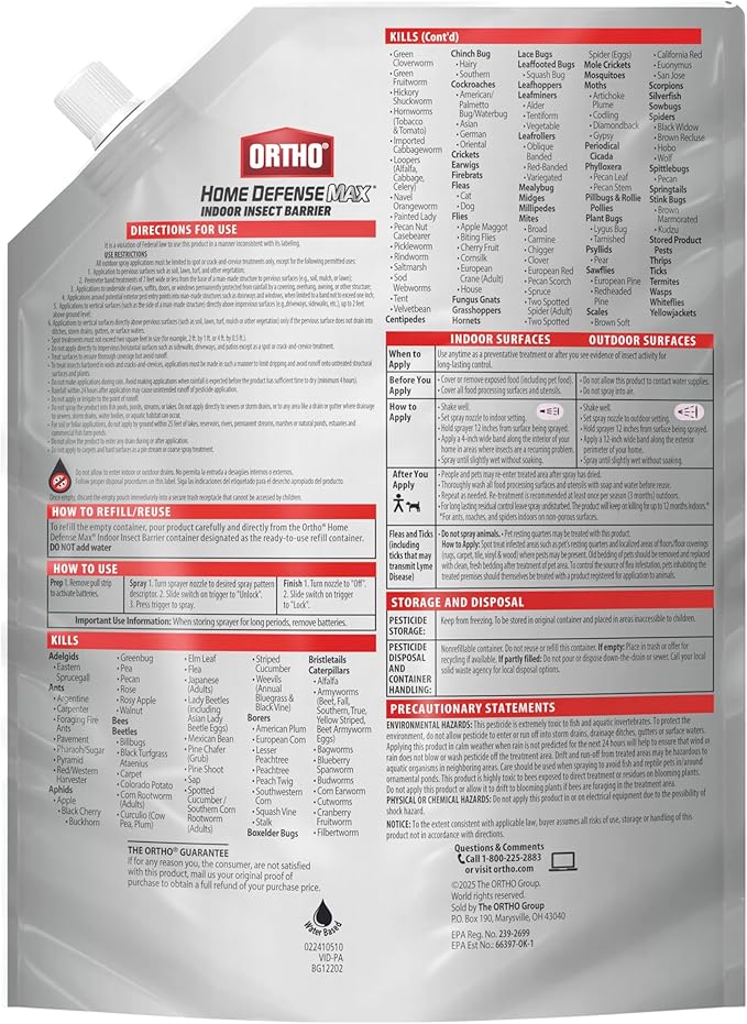 Ortho Home Defense Max Indoor Insect Barrier Refill Pouch - Insect Spray Refill, Bug Killer Spray Controls Ants, Roaches, Spiders, and More, 1.5 L