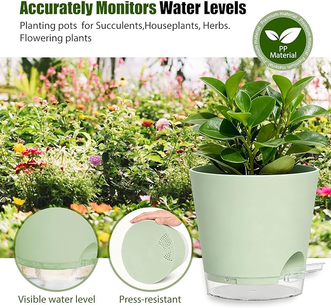 Plant Pots 4/5/5.5/6/6.5/7 Inch Self Watering Pots, 6 Pack Plastic Planters with Drainage Holes and Clear Saucers,Plastic Flower Pots,Nursery Planting Pot for Indoor Out Door Plants (Green)