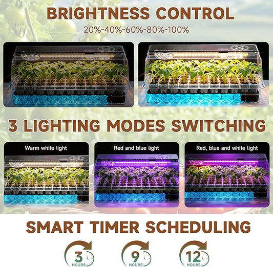 72 Cells Seed Starter Tray Self Watering, Seed Starter Kit with Grow Light, Full Spectrum with 5 Dimmable Brightness & Timer, Indoor Plant Grow Tray for Beginners & Seasoned Gardeners, Gardening Gifts