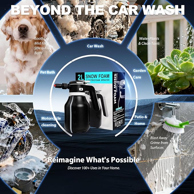 Electric Foam Sprayer for Thick Rich Foam, 2L Cordless Portable - Professional Pressurized Foam Cannon for Car Wash & Detailing, Rechargeable with Long Lasting Battery Black