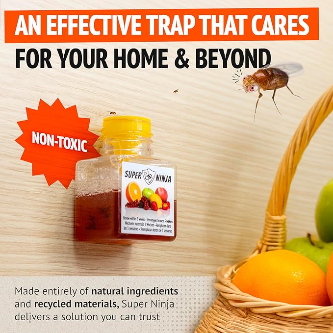 Super Ninja Fruit Fly Traps for Indoors - 6 Pack, Highly Effective Fruit Fly Catcher for Indoor Use for Home & Kitchen, Up to 3 Weeks of Performance per Bottle, Kid & Pet Friendly
