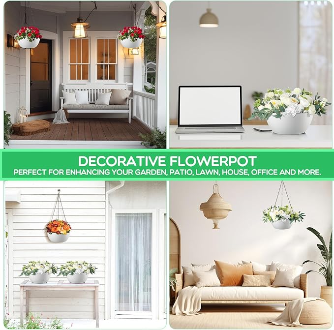 Maxcheck 4 Pack 13 Inch Large Hanging Planters Indoor Outdoor Flower Pots, Plant Containers with Drainage Hole Round Hanging Plant Pot for Home Garden Porch Balcony Patio Decor (White)