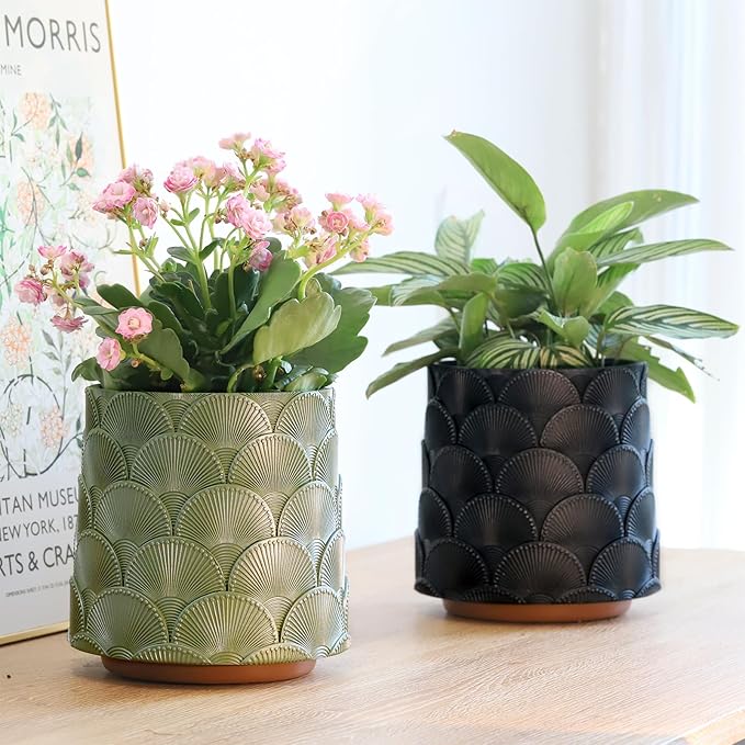 GUGUGO 8 Inch Pearl Black Scale Planter, Cute Unique Plant Pot with Drainage, Eclectic Colorful Small Flower Planters Pots for Indoor Plants, Rainbow Funny Succulent Gardening Pot Gifts