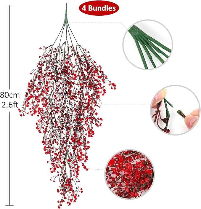 RECUTMS 4 Pcs Faux Hanging Vines Ferns Artificial Hanging Plants Fake Ivy Wall Plants Decoration for Indoor Outdoor Valentines Day Patio Garden Wedding Balcony Christmas Party Home Spring(Red)