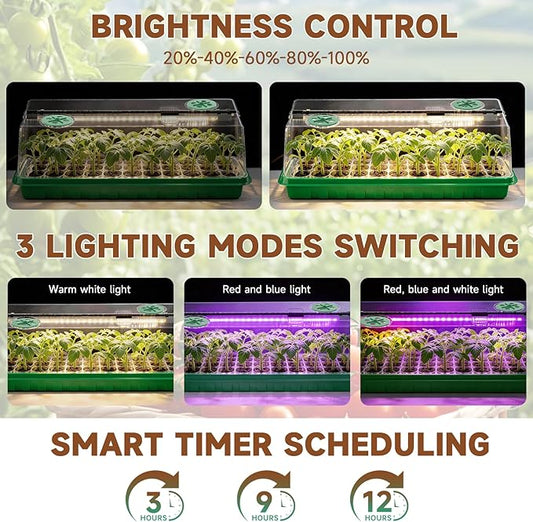 72 Cells Seed Starter Tray with Grow Light, Seed Starter Kit Full Spectrum with 5 Dimmable Brightness & Timer, Indoor Plant Grow Tray for Beginners & Seasoned Gardeners, Gardening Gifts