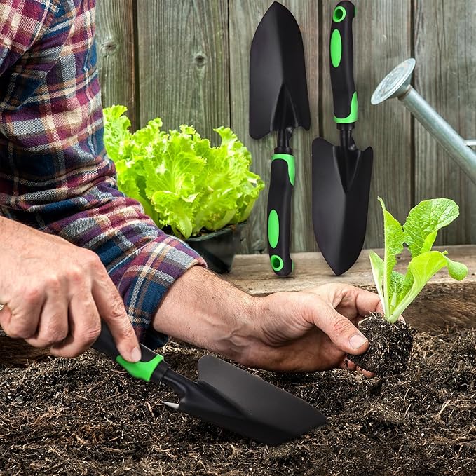 Yaocom 12 Pcs Garden Shovel Aluminum Alloy Heavy Duty Trowel Garden Tool Small Shovels for Digging Metal Hand Trowel Spade with Soft TPR Handle for Lawn Yard Farm Home Shop Planting (Green Black)